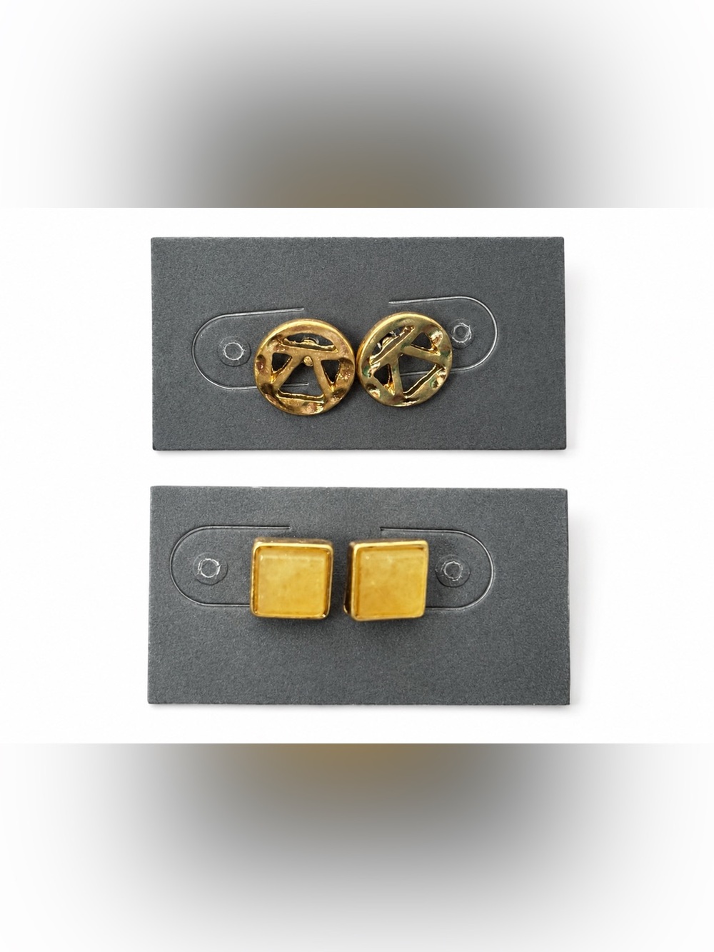2-Pair Gold Tone Stud Earrings Geometric Round Yellow Square Set
